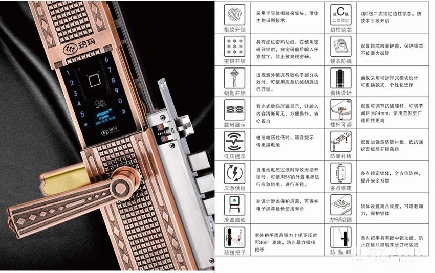 玥玛别墅智能锁 防猫眼滑盖指纹密码锁TB3021