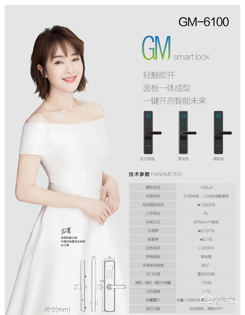 亚蒂仕智能锁 GM6100时尚直板指纹智能锁