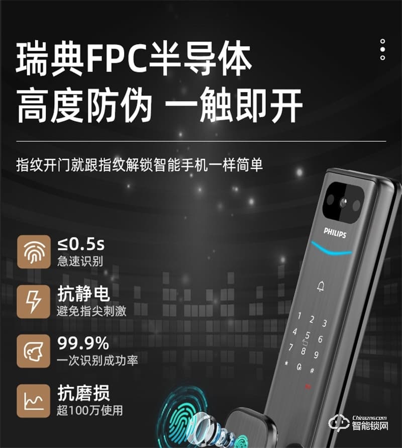 飞利浦阿尔法智能锁 可视猫眼全自动家用指纹锁